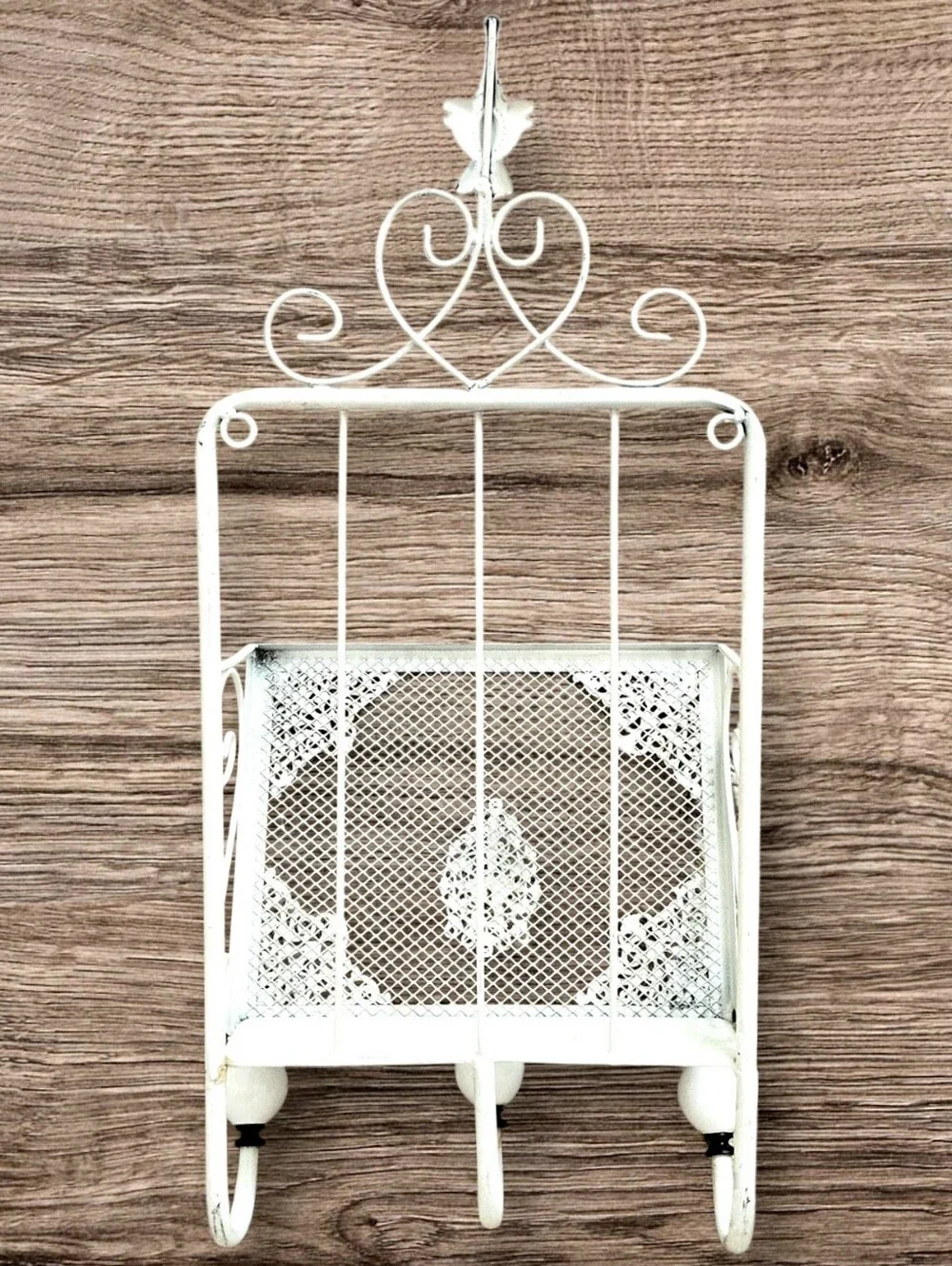 Shabby White Metal Wall Basket w Hangers Cottagecore Kitchen Bathroom Garden